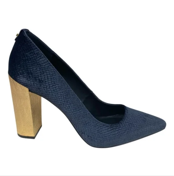 Calvin Klein | High Heel Shoes Womens Navy Velvet Gold Block Heel Pumps Neema - Picture 3 of 7